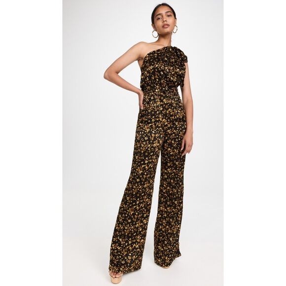 NWT RAMY BROOK Gold Black Floral Velvet One Shoulder Wide Leg Jumpsuit Size 12